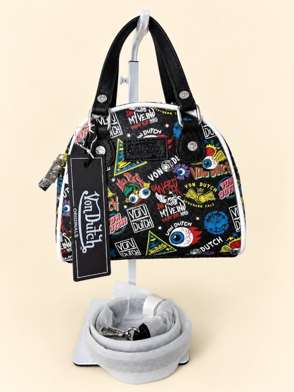 Von Dutch Graphic Crossbody Bag NWT with Removable Strap + Handmade Bag Charm
